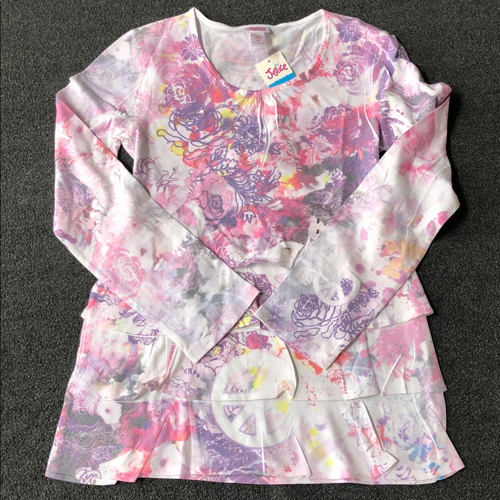 Justice Girl’s Cotton Blend Pink Floral Sublimation Long Sleeve 4-Tiered Size 12